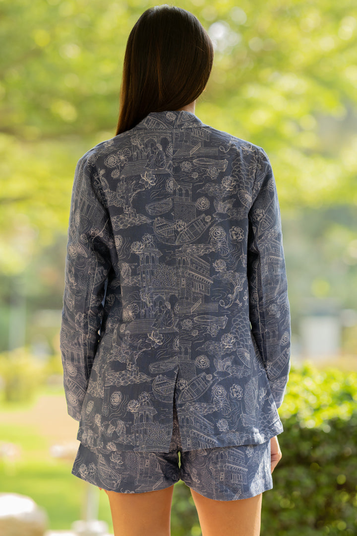 Linen Blazer- Blue Banaras