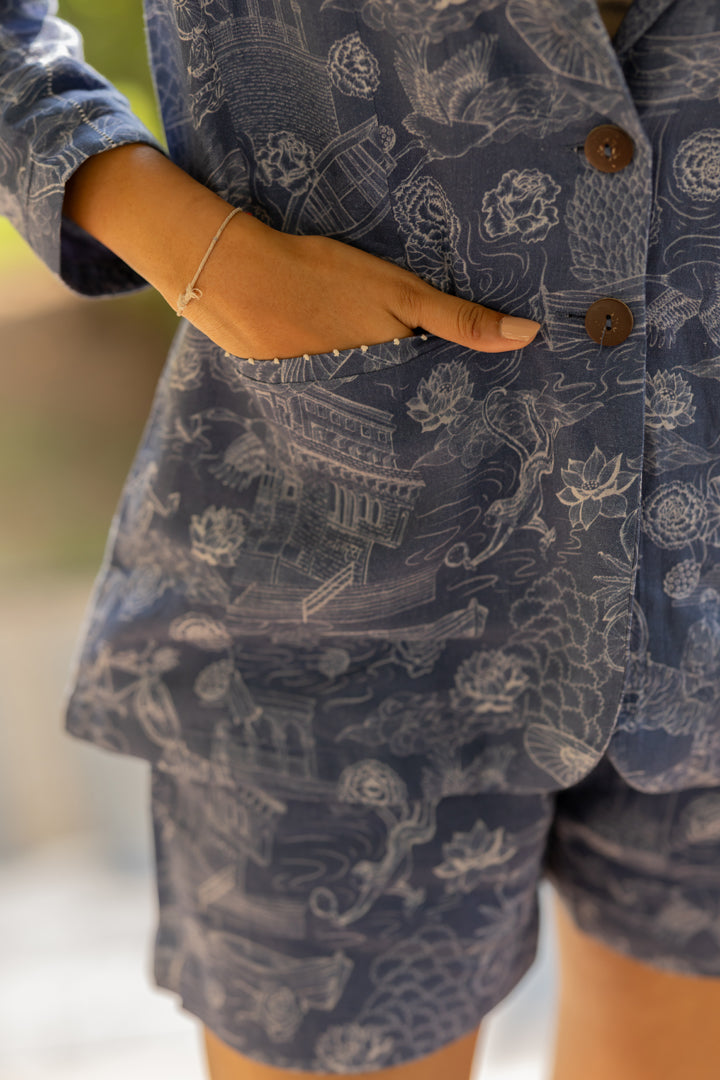 Linen Blazer- Blue Banaras