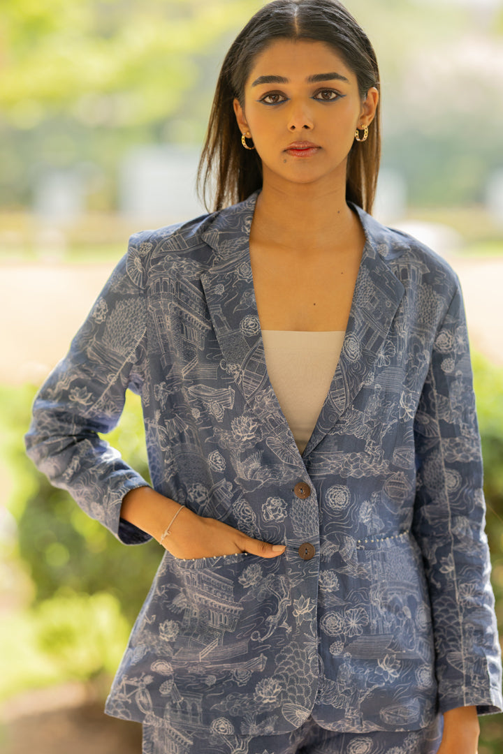 Linen Blazer- Blue Banaras