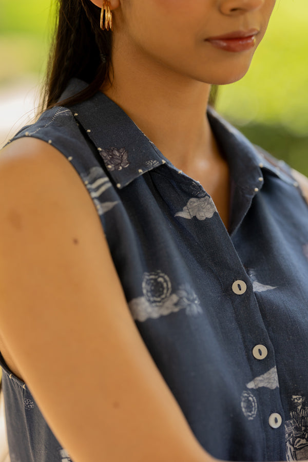 Linen Atoll Dress- Blue Badal Naav
