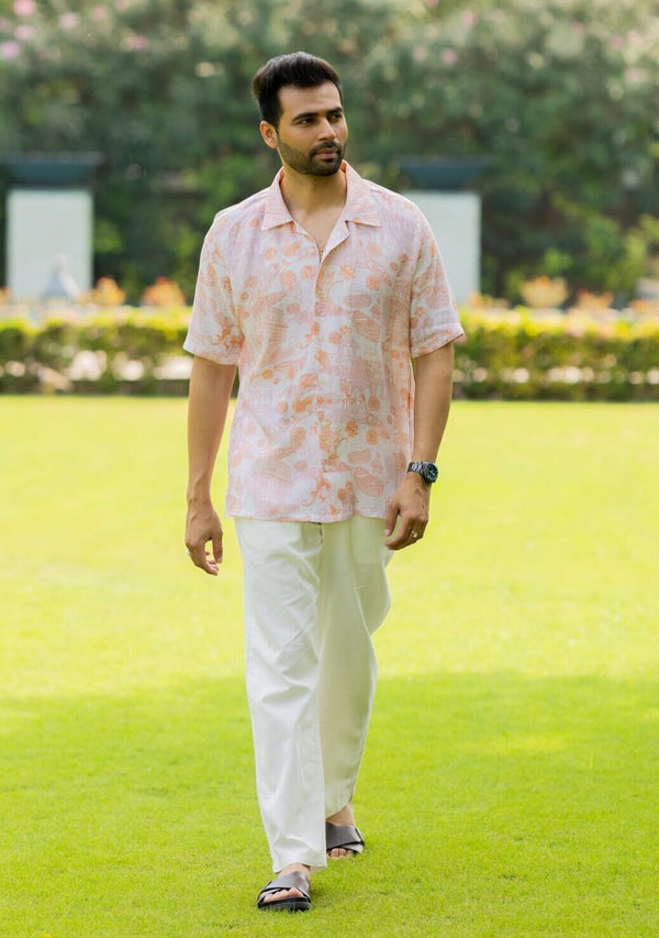 Linen Mens Shirt- Orange Banaras