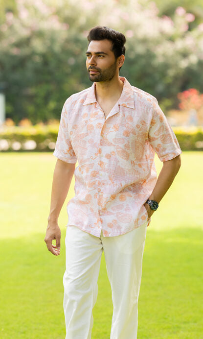 Linen Men Shawl Collar Shirt- Orange Banaras