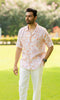 Linen Men Shawl Collar Shirt- Orange Banaras