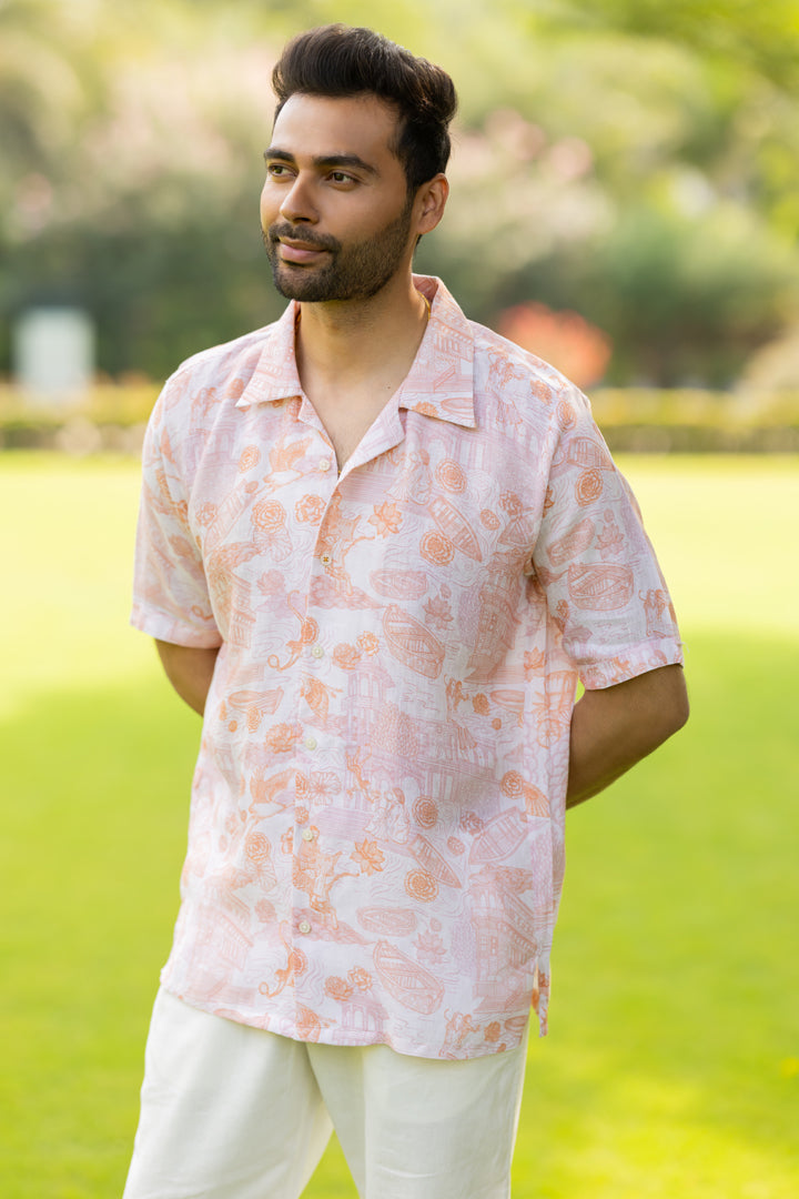 Linen Men Shawl Collar Shirt- Orange Banaras