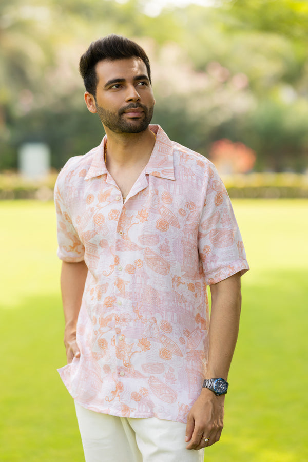 Linen Men Shawl Collar Shirt- Orange Banaras