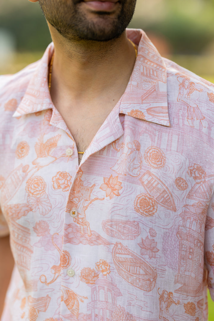 Linen Men Shawl Collar Shirt- Orange Banaras