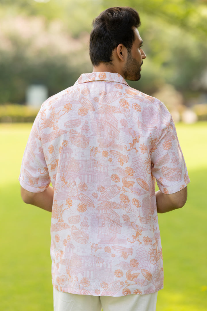 Linen Men Shawl Collar Shirt- Orange Banaras