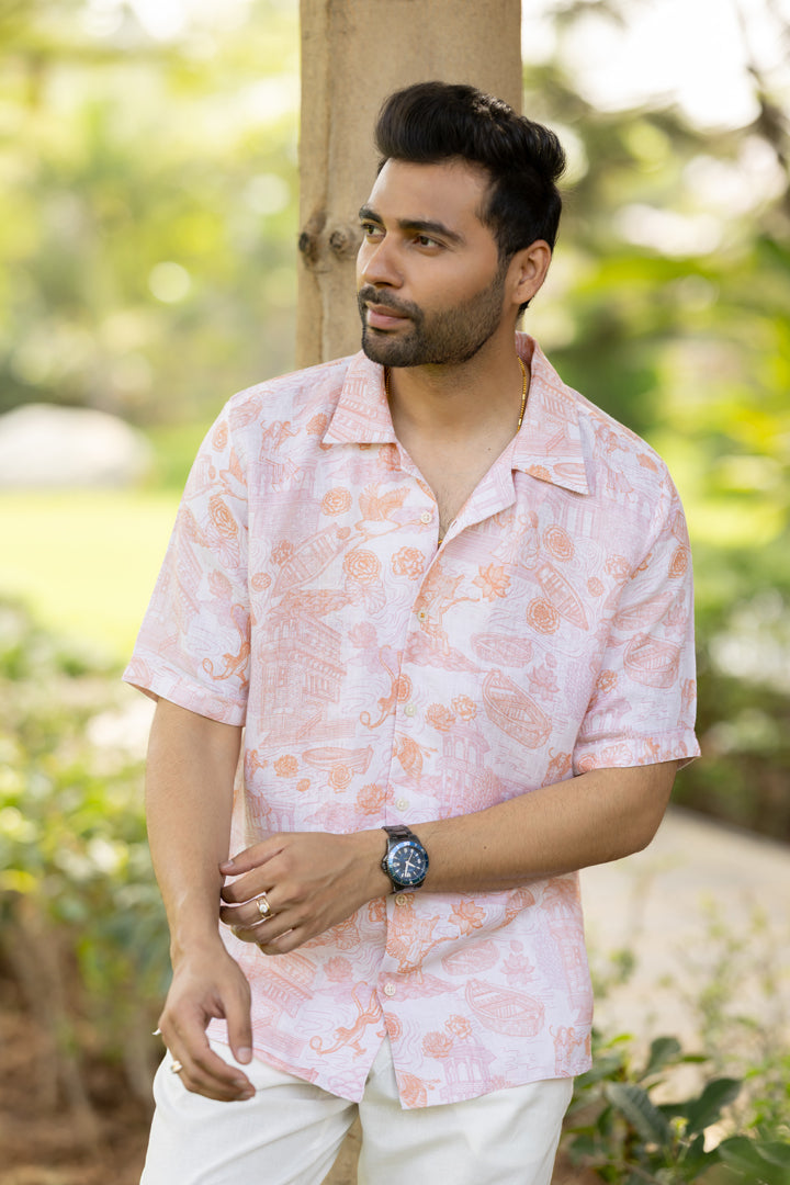 Linen Men Shawl Collar Shirt- Orange Banaras