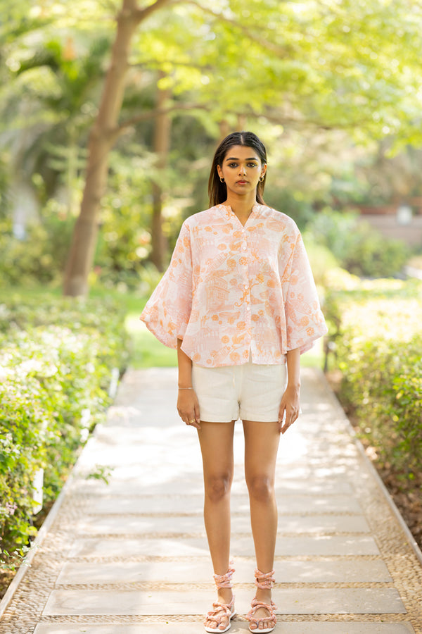 Linen Free Sized Top- Orange Banaras