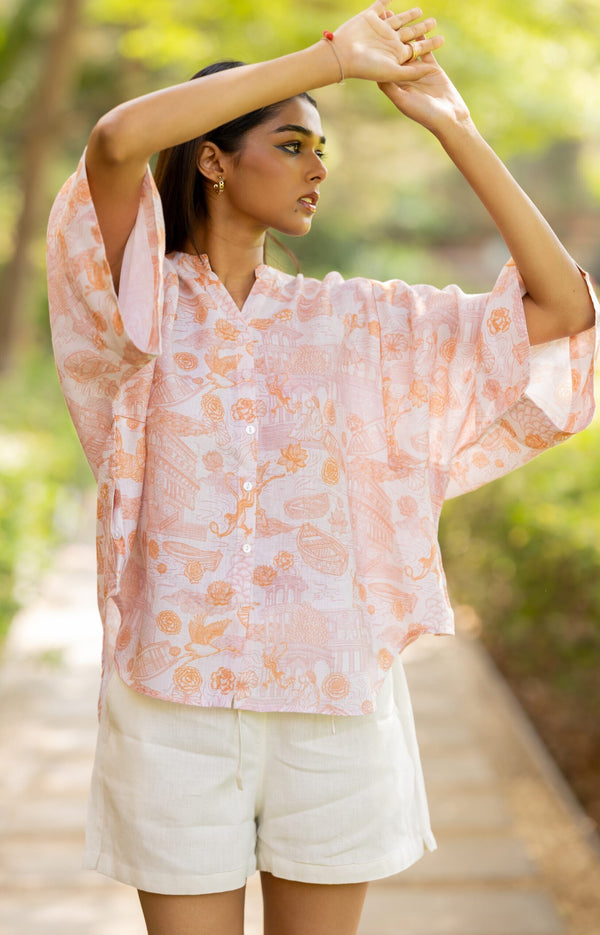 Linen Free Sized Top- Orange Banaras