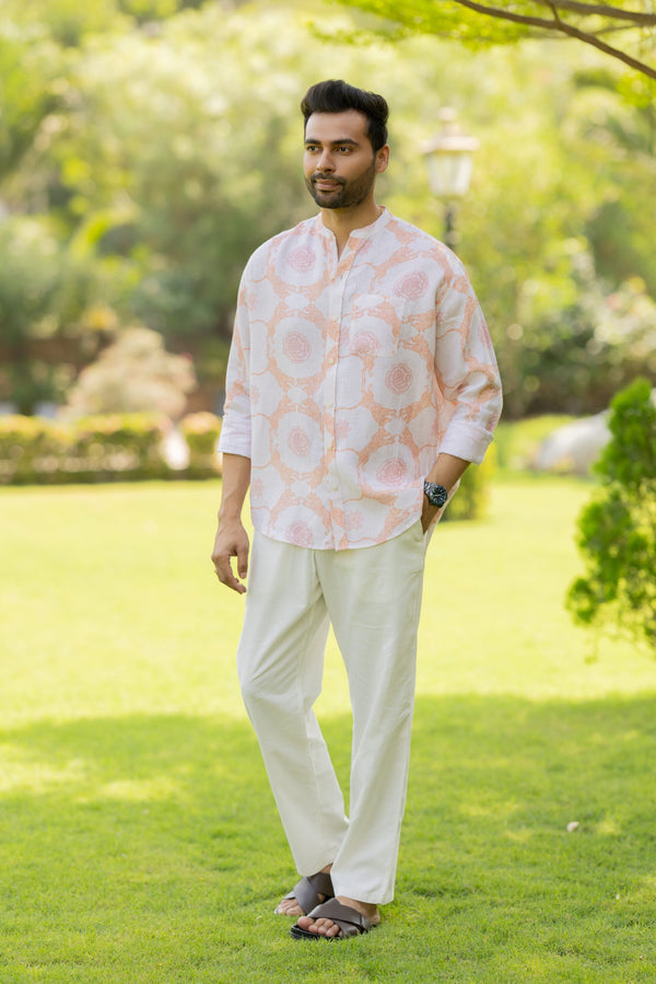 Linen Men Mandarin Collar Shirt - Orange Tiger