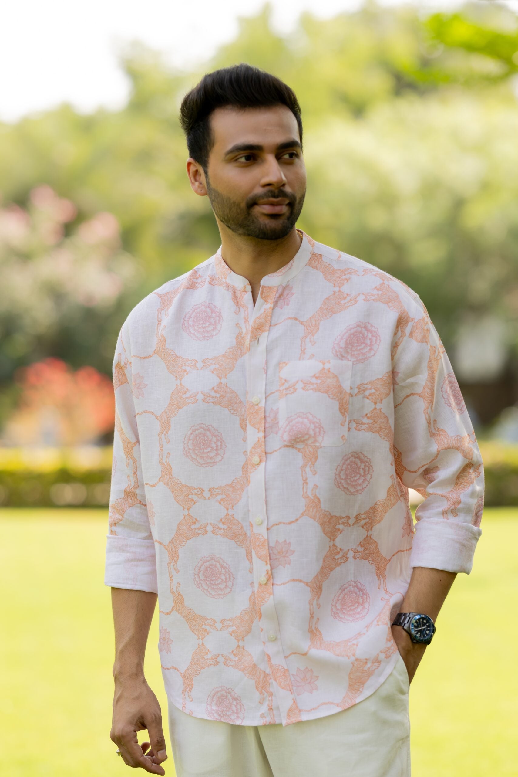 Linen Men Mandarin Collar Shirt - Orange Tiger