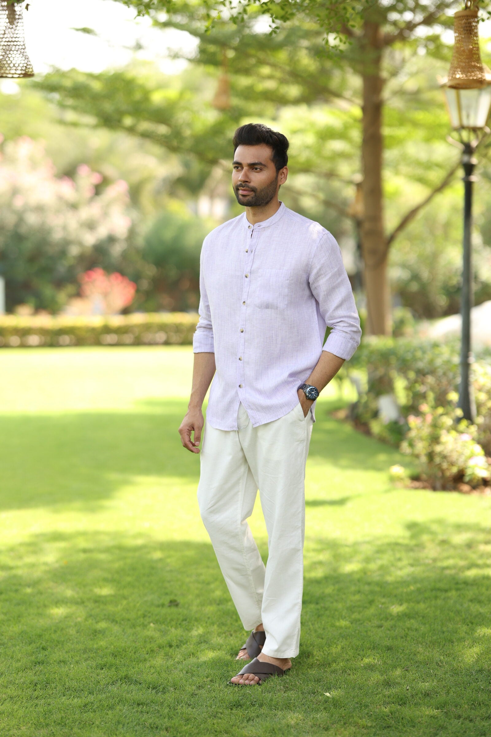 Linen Men Mandarin Collar Shirt - Purple