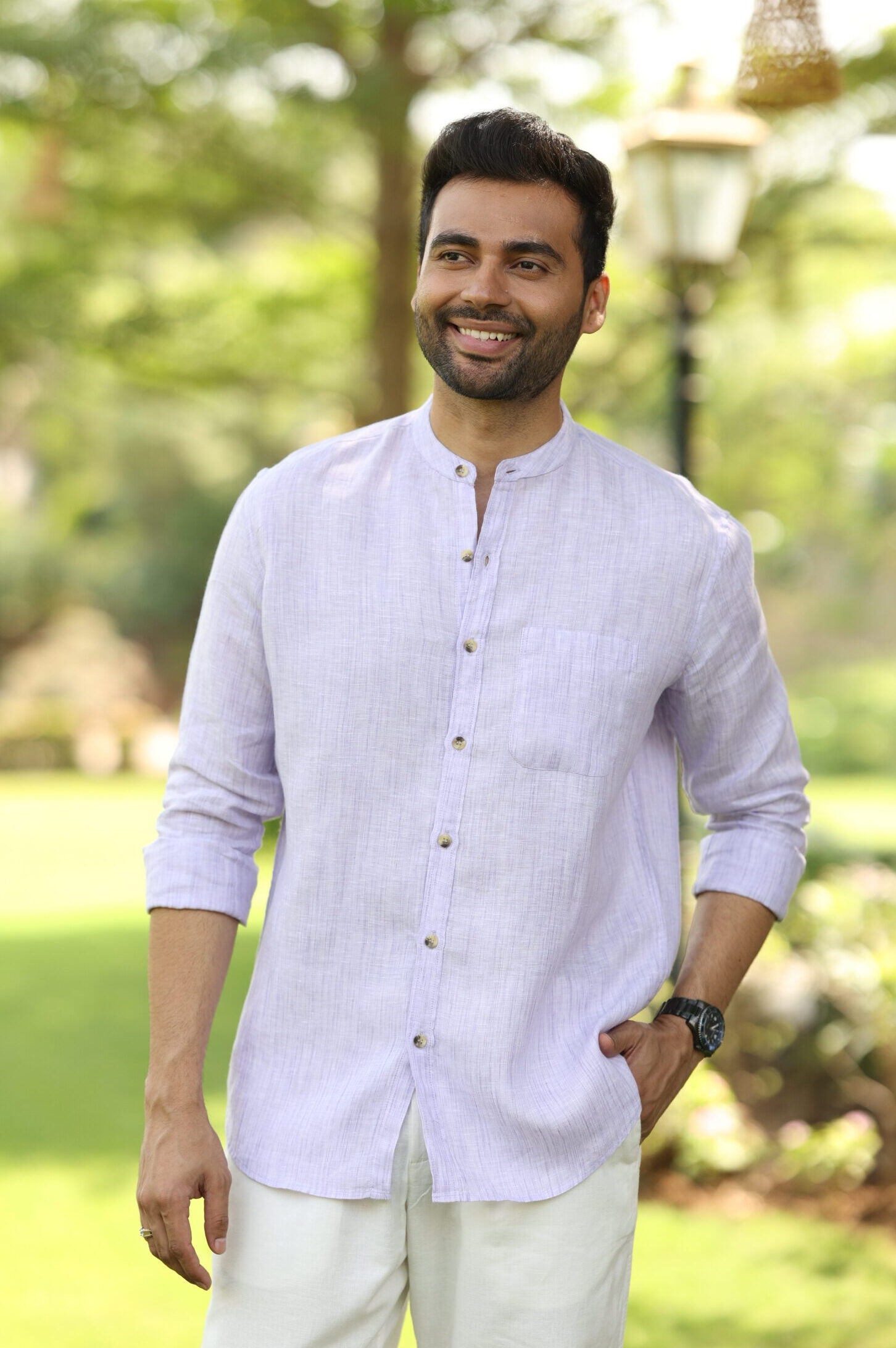 Linen Men Mandarin Collar Shirt - Purple