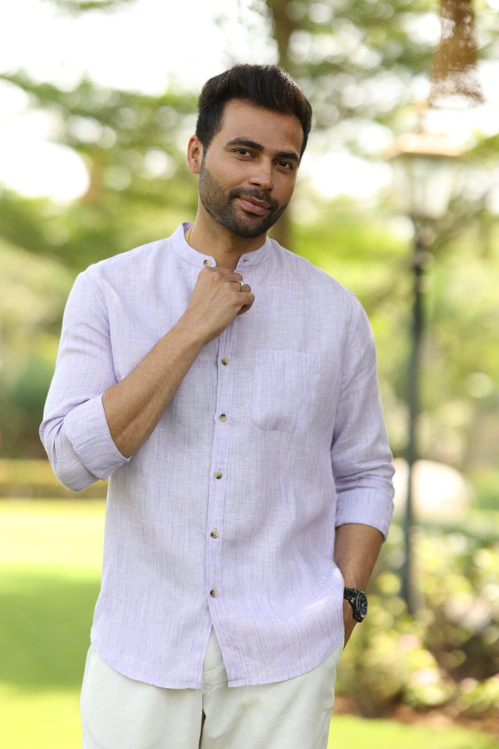 Linen Men Mandarin Collar Shirt - Purple