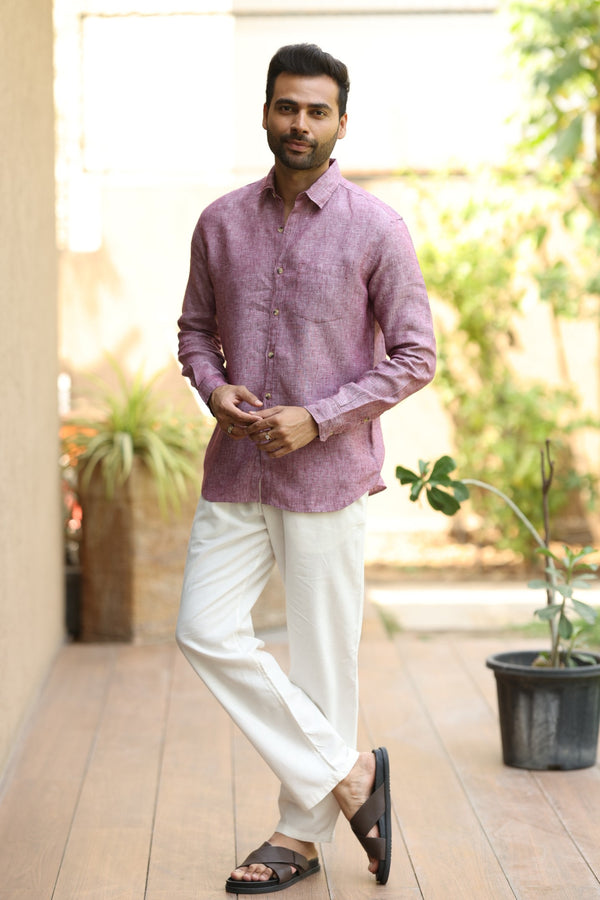 Linen Men Classic Collar Shirt - Wine