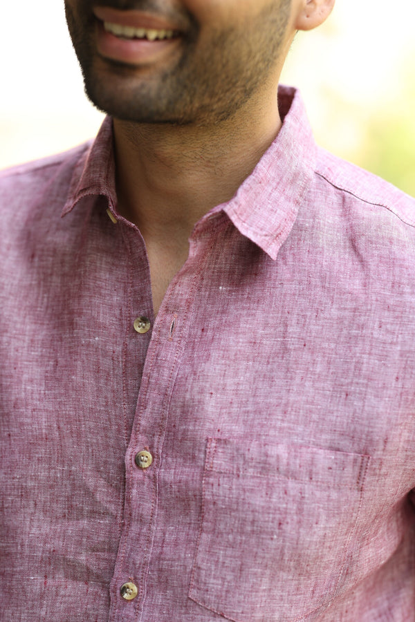 Linen Men Classic Collar Shirt - Wine