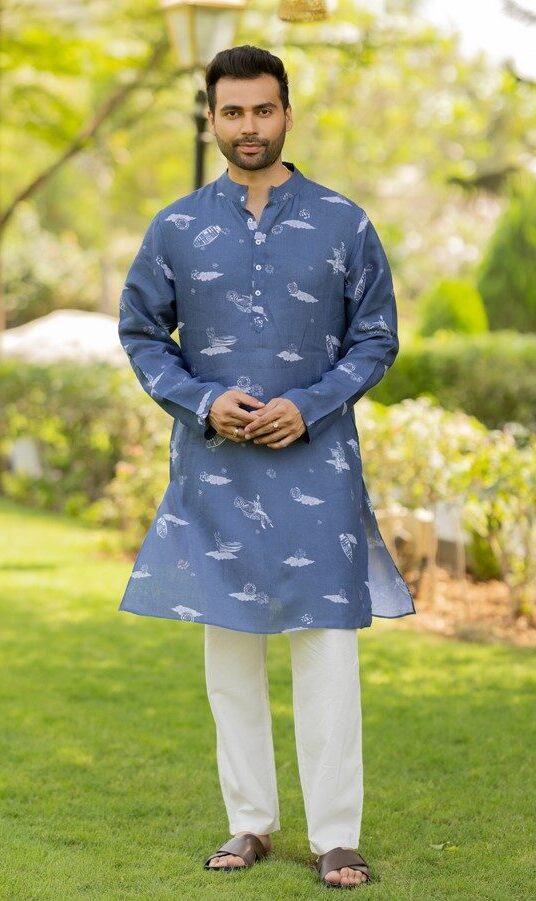 Linen Badal Aur Naav kurta for Men-  Blue/White