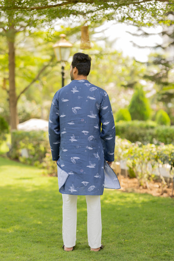 Linen Badal Aur Naav kurta for Men-  Blue/White