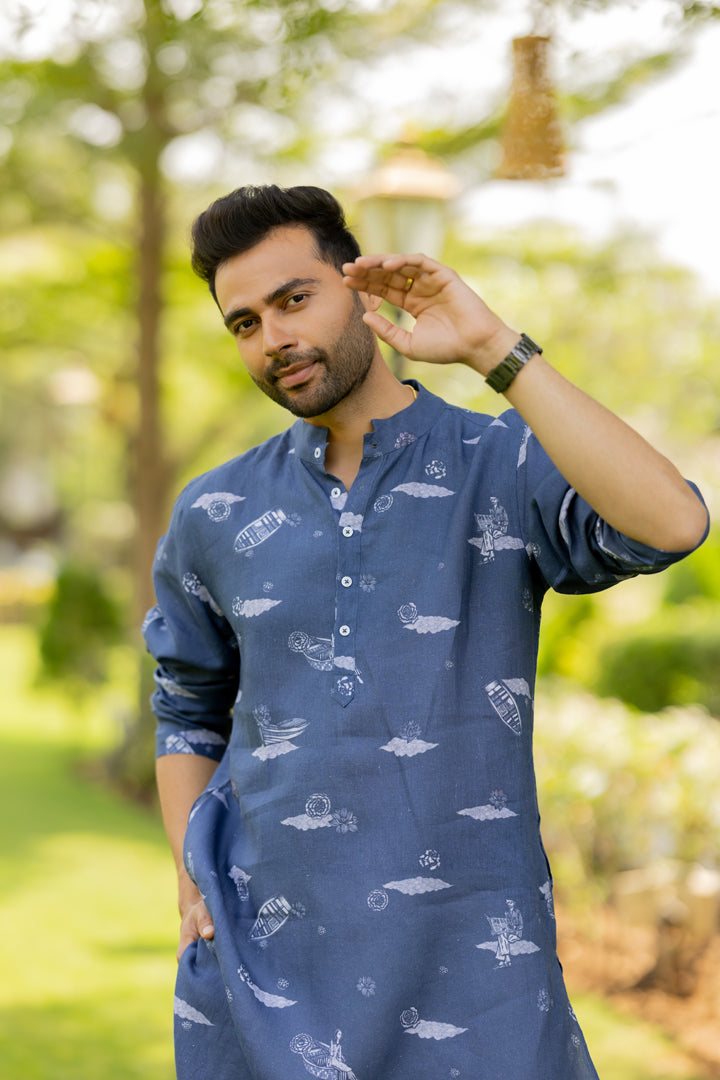 Linen Badal Aur Naav kurta for Men-  Blue/White