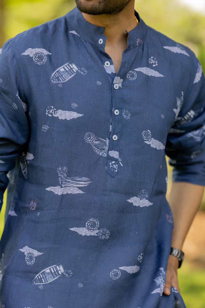 Linen Badal Aur Naav kurta for Men-  Blue/White