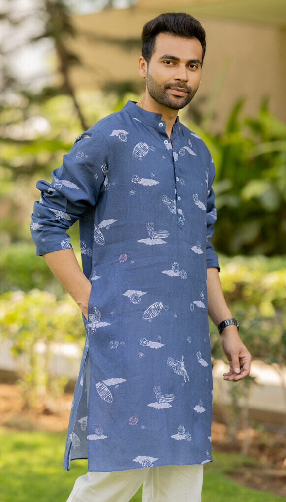 Linen Badal Aur Naav kurta for Men-  Blue/White