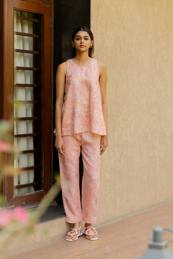 Linen Phoolon Ki Gali Pant -Orange/white