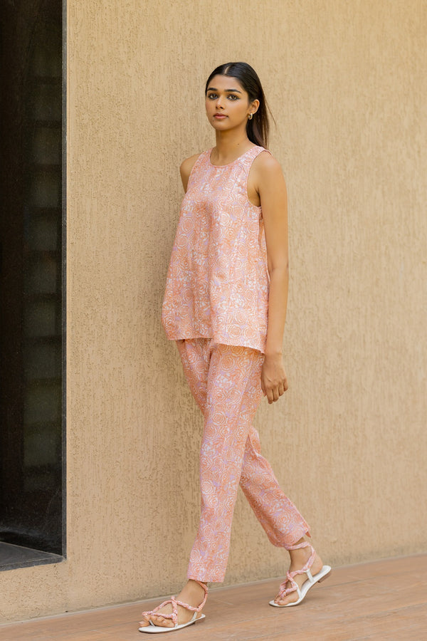 Linen Phoolon Ki Gali Pant -Orange/white