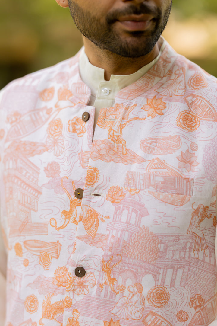 Linen Banaras Roar – Linen Nehru Jacket with Tiger and Floral Motifs (Orange / White)