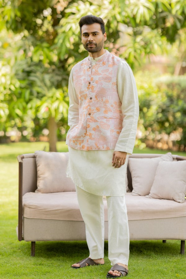 Linen Banaras Roar – Linen Nehru Jacket with Tiger and Floral Motifs (Orange / White)