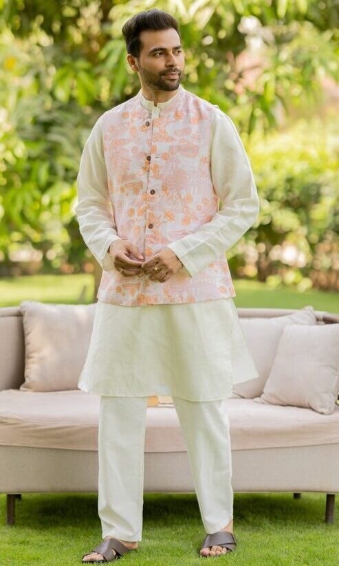 Linen Banaras Roar – Linen Nehru Jacket with Tiger and Floral Motifs (Orange / White)