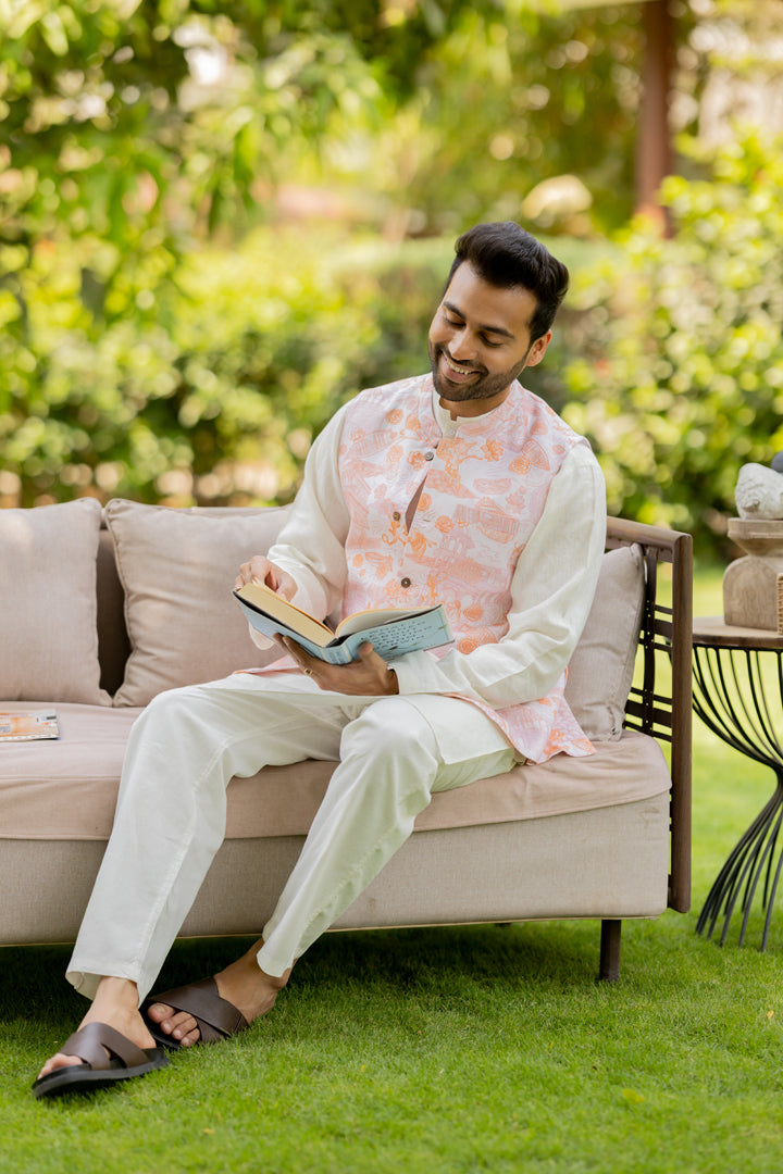Linen Banaras Roar – Linen Nehru Jacket with Tiger and Floral Motifs (Orange / White)