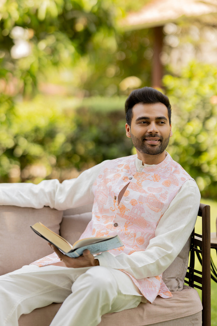 Linen Banaras Roar – Linen Nehru Jacket with Tiger and Floral Motifs (Orange / White)