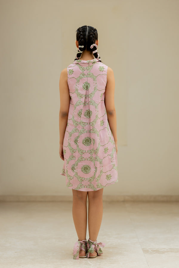 Linen Banaras Wild Flower Kai Dress- Pink And Green