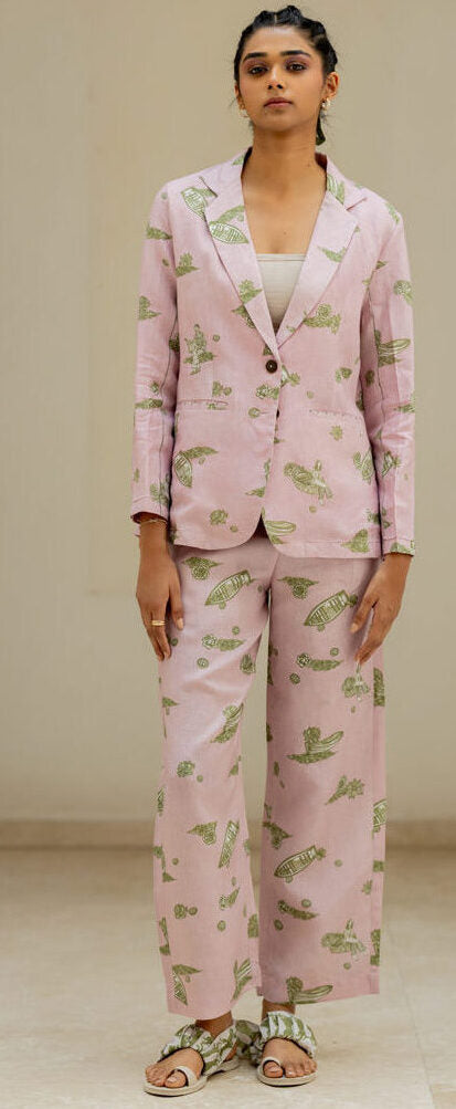 Linen Banaras Stories Pant- Pink and Green