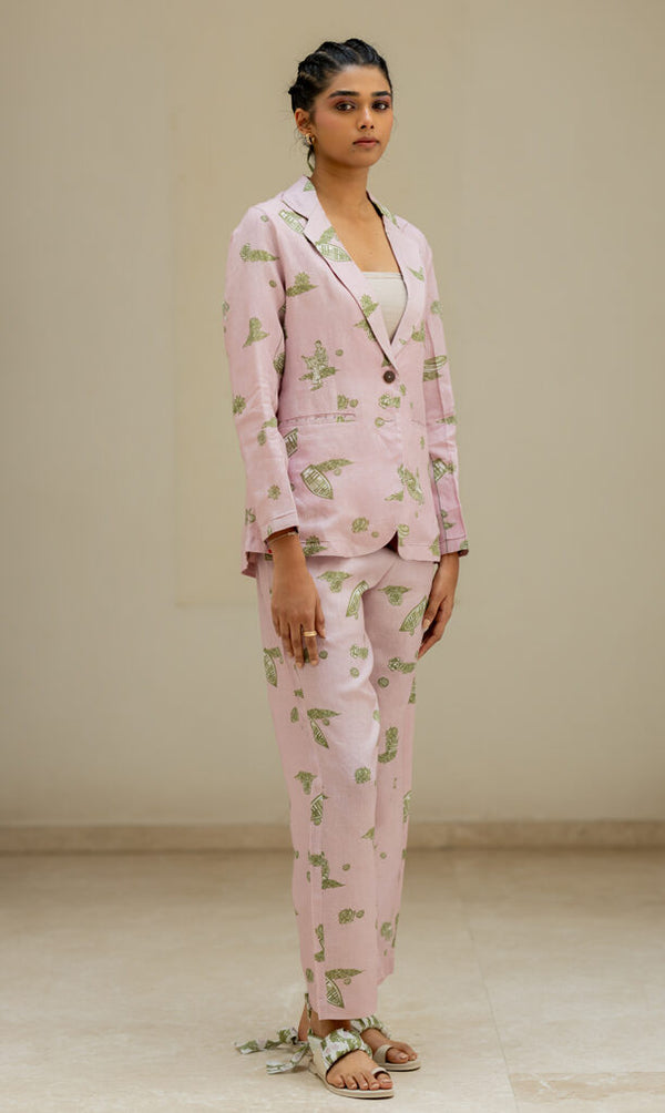 Linen Banaras Stories Pant- Pink and Green