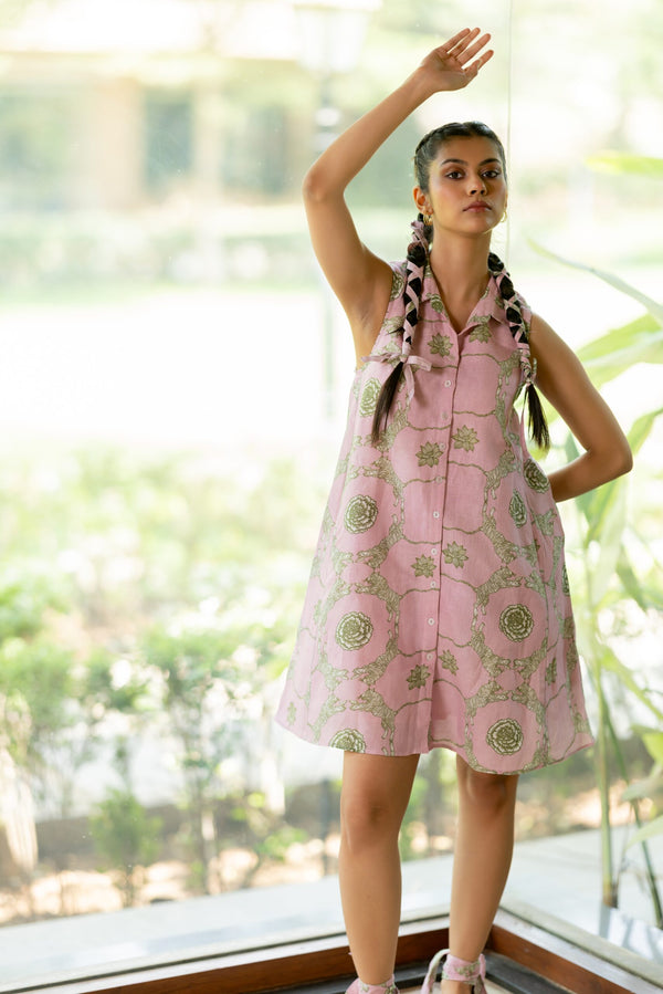 Linen Banaras Wild Flower Kai Dress- Pink And Green