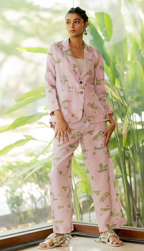 Linen Banaras Stories Blazer- Pink And Green