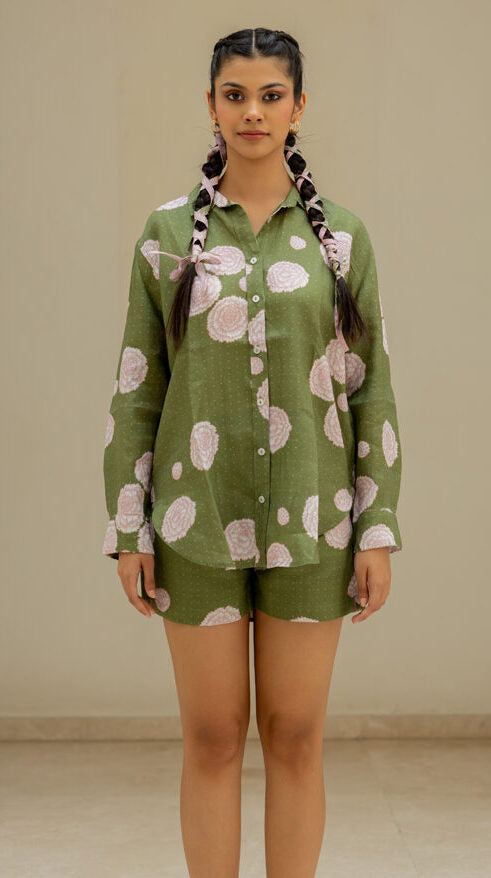 Linen Banaras Bloom Shorts -Green And Pink