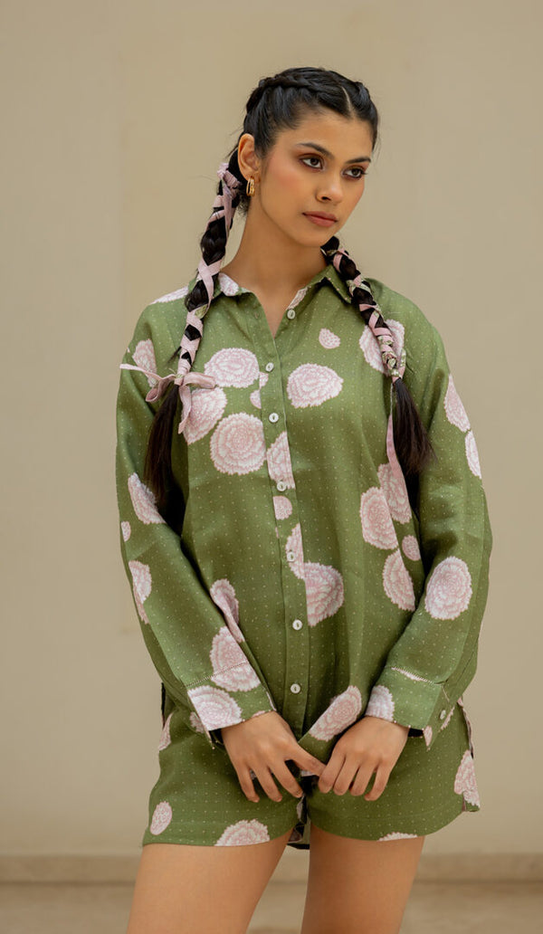 Linen Banaras Bloom Sandra Shirt – Green and Pink