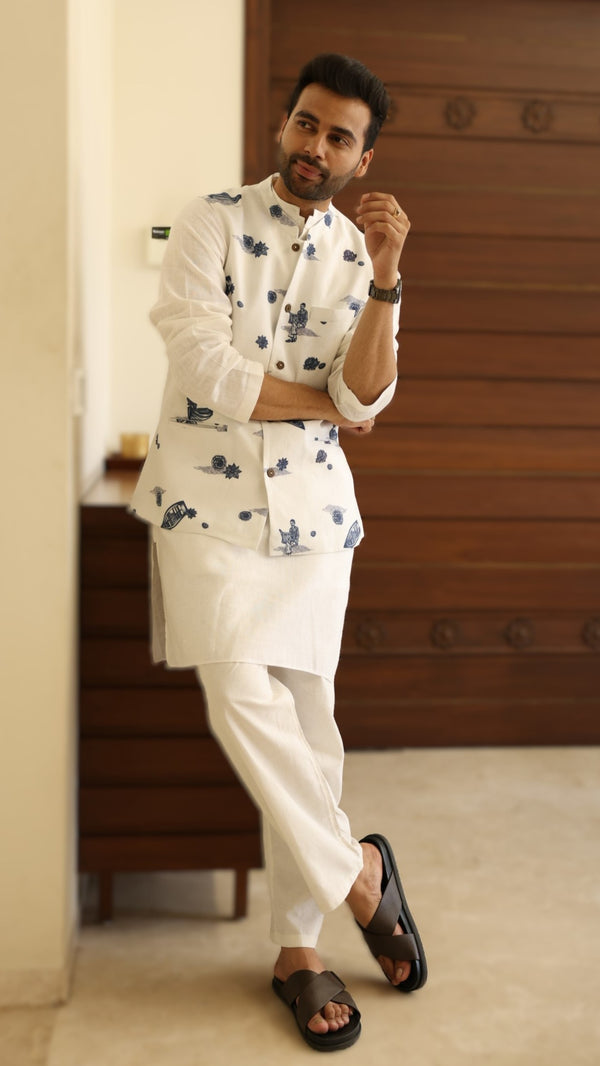 Linen Men Nehru Jacket- White Badal Naav