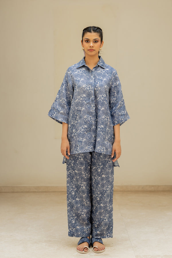 Linen Banaras Bloom Linen Kurta - Blue Floral