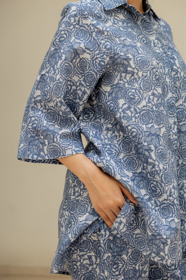 Linen Banaras Bloom Linen Kurta - Blue Floral