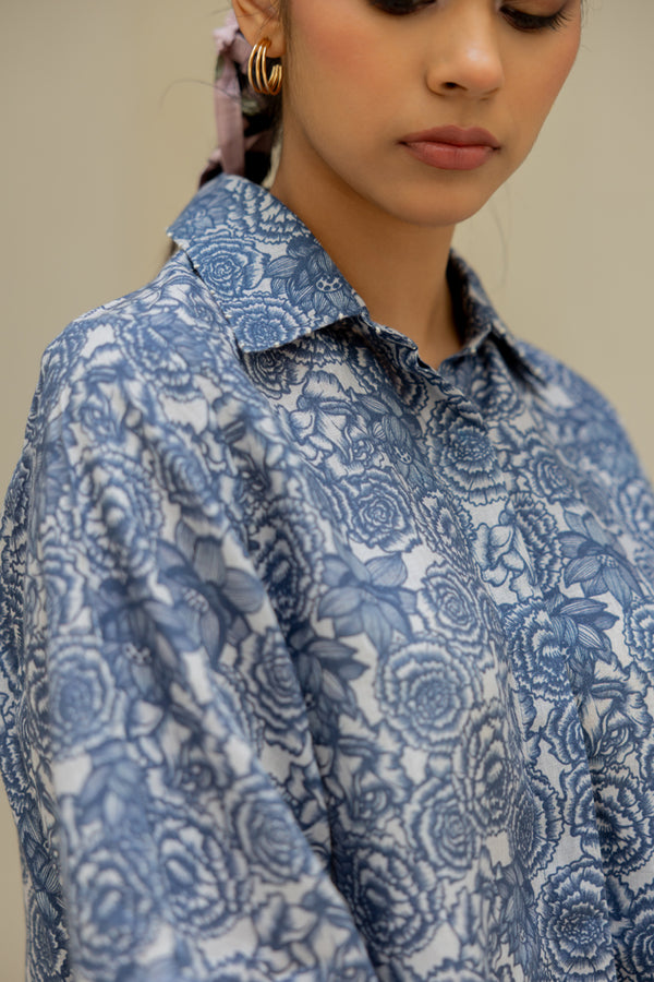 Linen Banaras Bloom Linen Kurta - Blue Floral