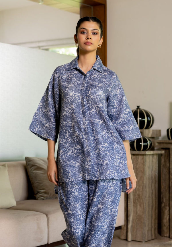 Linen Banaras Bloom Linen Kurta - Blue Floral