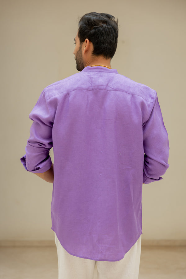 Linen Mandarin Collar Shirt - Purple