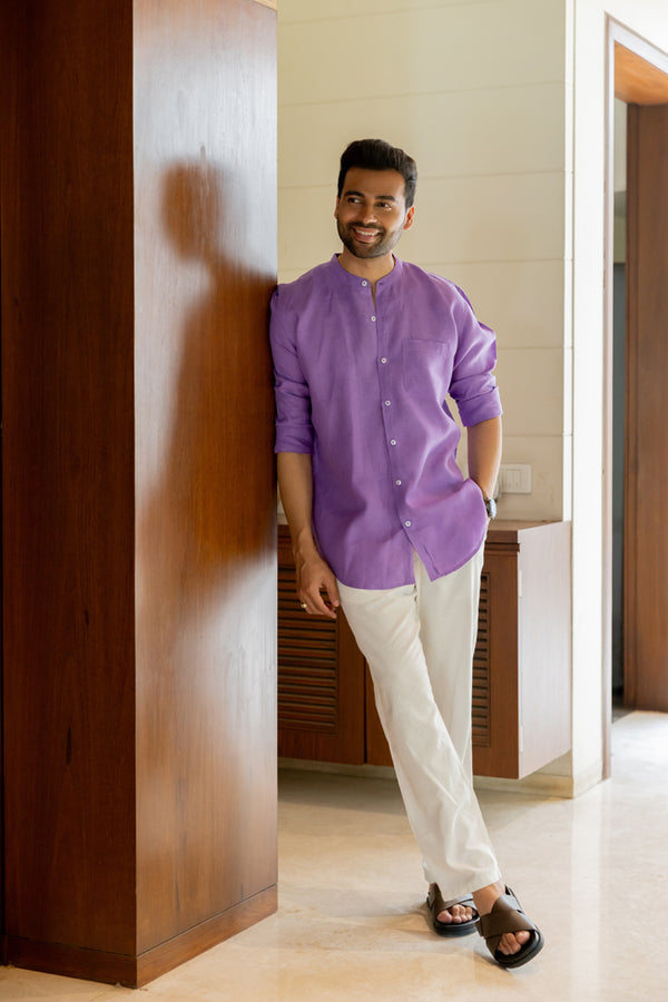 Linen Mandarin Collar Shirt - Purple