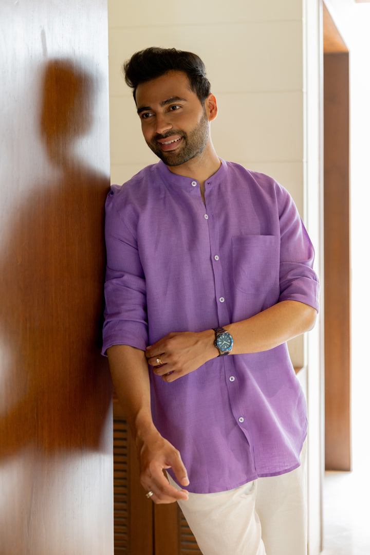 Linen Mandarin Collar Shirt - Purple
