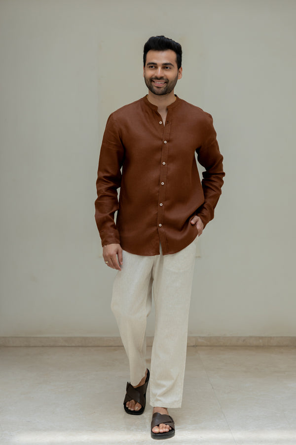 Linen Mandarin Collar Shirt - Chocolate Brown