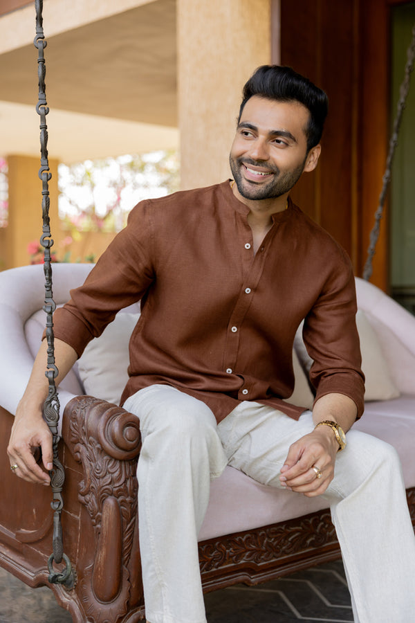 Linen Mandarin Collar Shirt - Chocolate Brown